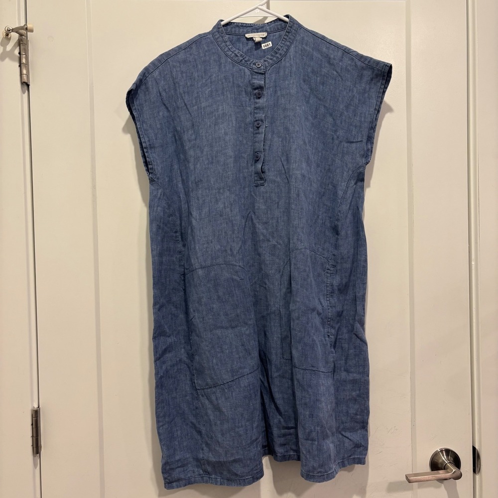 Eileen Fisher Organic Linen Chambray Shift Dress Blue Mandarin Collar Medium